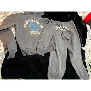 VTG VS PINK roadtrip grey hooded zip up sweatshirt & pants  set- sweatsuit M